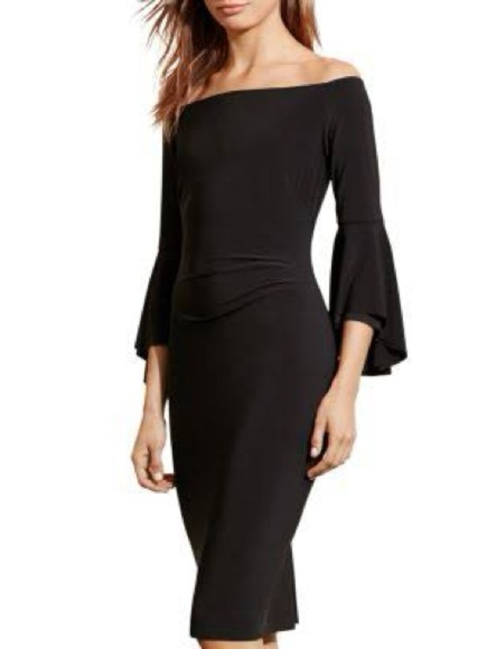 Lauren Ralph Lauren Black Off-the-Shoulder Bell Sleeve Ruched Sheath Dress